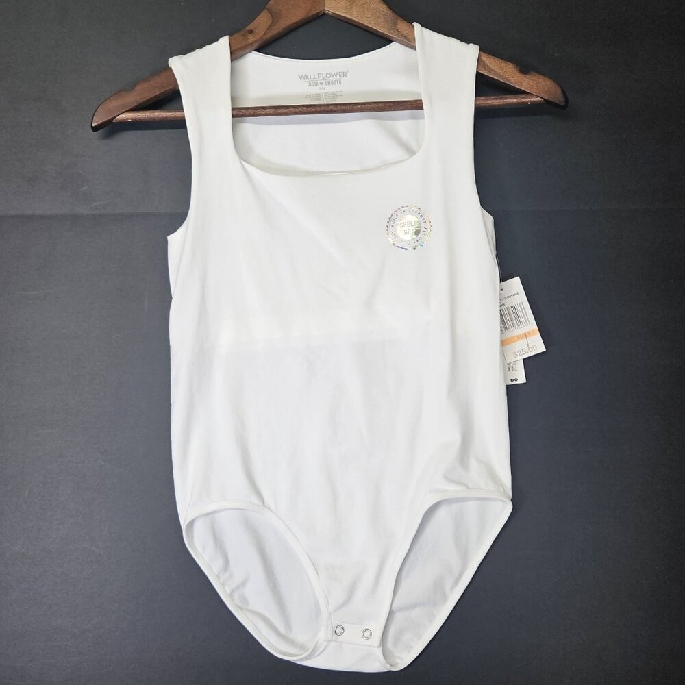 WallFlower Women's Sz S/M White Bodysuit Snap Button Square Neck W/ Inner Suppor